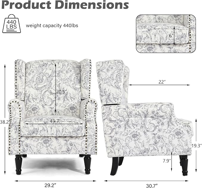 High Back Floral Accent Chairs Set of 2, Fabric Wingback Chair Upholstered Armchair for Living Room - Rococo Light Gray