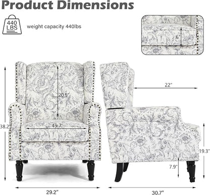 High Back Floral Accent Chairs Set of 2, Fabric Wingback Chair Upholstered Armchair for Living Room - Rococo Light Gray