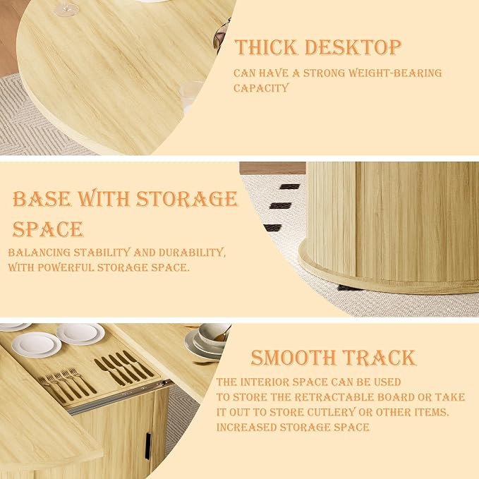 Dining Table for 4-6, 63“Extendable Round Dining Room Kitchen Table with 2-Tier Storage Shelf, Fluted Wood Table with Slide Door, Expandable Wood Oval Dinner Furniture with Pedestal Base (Oak)