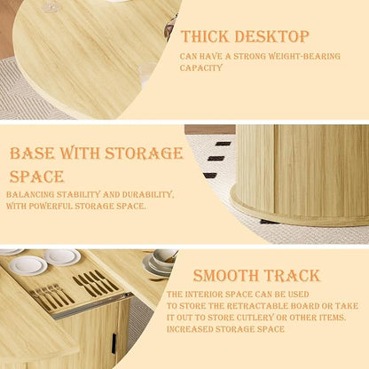 Dining Table for 4-6, 63“Extendable Round Dining Room Kitchen Table with 2-Tier Storage Shelf, Fluted Wood Table with Slide Door, Expandable Wood Oval Dinner Furniture with Pedestal Base (Oak)