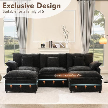 GOSUHI 108" U-Shaped Modular Cloud Couch, Deep Seat, Chenille Black | Cloud Comfort, Couches for Living Room, Removable & Machine-Washable Covers, Movable Ottoman, Modular Sectional Sofa