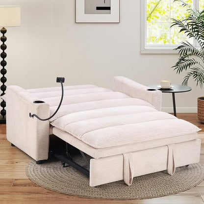 HAOMARKETS 3-in-1 Convertible Loveseat Sleeper Sofa Bed, 2-Seat Pull Out Couch with Cup Holders, Phone Holder and USB Ports, Corduroy 3-Level Adjustable Backrest Couches for Living Room, Beige