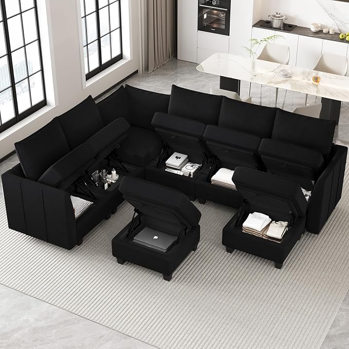 Belffin Modular Sectional Sofa U Shaped Couch with Storage Ottoman Velvet Sectional Couch for Living Room, Black