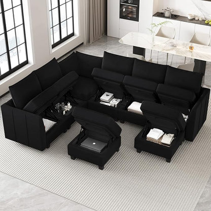 Belffin Modular Sectional Sofa U Shaped Couch with Storage Ottoman Velvet Sectional Couch for Living Room, Black