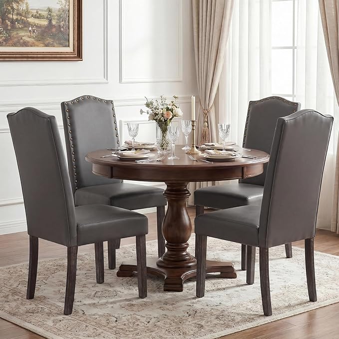 LSSBOUGHT PU Dining Chair, Kitchen Chair with Copper Nails and Solid Wood Legs for Dining Room,Restaurant (Gray, 2PCS)