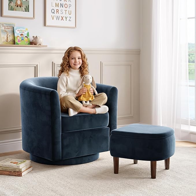Swivel Accent Chair with Storage Ottoman Set of 2, Small Modern Velvet Barrel Chair, Upholstered Armchair with Footrest for Living Room/Reading/Bedroom, 24.8'' D x 25.38'' W x 25.6'' H, Blue