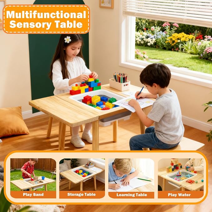 Wooden Activity Table with a Flip-Adjustable Desktop, Indoor/Outdoor Play Sand and Water, Multi-Functional Desk for Drawing Studying Dining