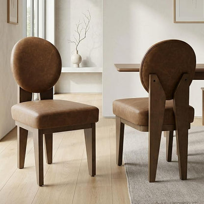 Hyfirm Mid-Century Modern Walnut Dining Chairs Set of 2, Vintage Brown Leather Wooden Kitchen Chairs, Retro Upholstered PU Cushioned Seat with Curved Backrest, Armless Accent Side Chair for Bedroom