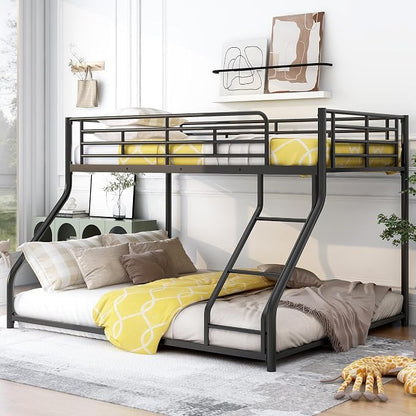 EMKK Low Metal Bunk Beds Twin Over Full Size, Heavy Duty Bunk Bed for Teens Adults with Ladder & High Guardrails, Space Saving Metal Bunk Bed for Dorm, Bedroom, Apartment, No Box Spring Needed