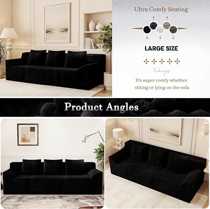 71" Corduroy Living Room Sofa, 3 Setaser Deep Seat Couch with 3 Lumbar Pillows, Comfy Boneless Sofa Modern Compressed Couch for Bedroom, Office, Apartment, No Assembly, Curved Armrests (Black)