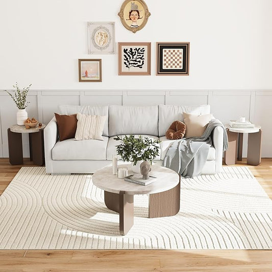 COSIEST Modern Round Coffee Table & 2 Side Tables Set, Faux Marble Wood Top, Walnut & Cream White Legs, Minimalist Living Room Center & Accent Tables(3 PCS)
