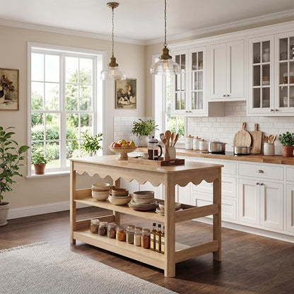 LITTLE TREE 59-Inch Kitchen Island with Seating and Storage, Large Farmhouse Stationary Island Table with Large Worktop, 3-Tier Open Shelves & Leg Room, Light Oak Kitchen Prep Station, Breakfast Bar