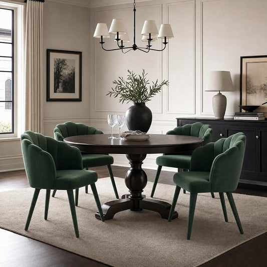 Hyfirm Velvet Dining Chairs Set of 4, Upholstered Modern Kitchen Dining Chairs with Petal Back & Fabric Covered Wooden Legs, Comfy Accent Armchairs for Bedroom/Kitchen/Vanity, Green