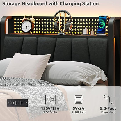 Furnulem Twin Bed Frame with LED Light and Charging Station, Grey Upholstered Storage Headboard with Shelf, Metal Platform Bed with Heavy Duty Slats, No Box Spring Needed, Noise Free & Easy Assembly