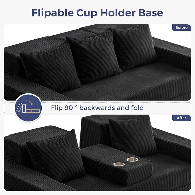 MAXYOYO Convertible Sofa Bed, 80" Oversized Boneless Loveseat Couch 4 in 1 Foldable Floor Sofa Couch in A Box with 2 Cup Holders, Folding Chair for Living Room, No Assembly Required, Black
