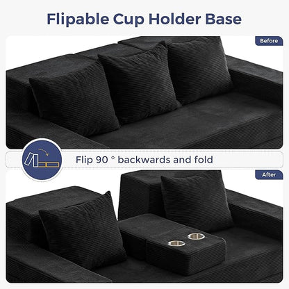 MAXYOYO Convertible Sofa Bed, 80" Oversized Boneless Loveseat Couch 4 in 1 Foldable Floor Sofa Couch in A Box with 2 Cup Holders, Folding Chair for Living Room, No Assembly Required, Black