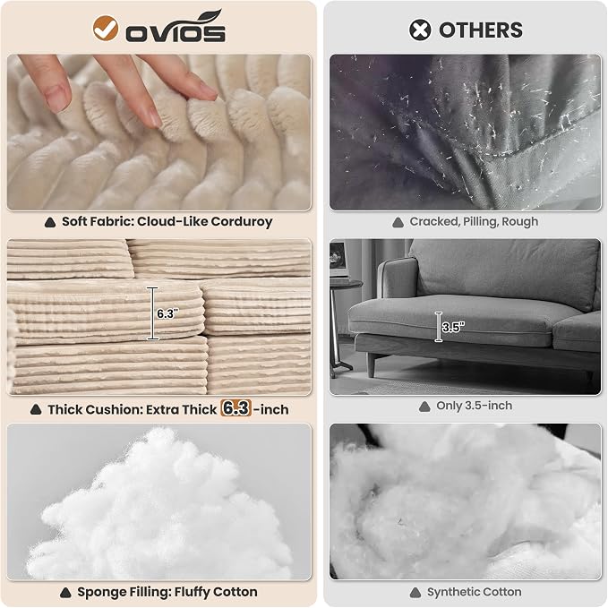 ovios Modular Sectional Sofa Couch with Sofa Bed L-Shape Chaise, Comfy Plush Corduroy Cloud Couches, Modern Luxury Deep Seat Sofas Set for Living Room, 6-Seater, Beige