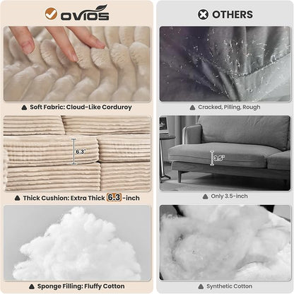 ovios Modular Sectional Sofa Couch with U-Shape Chaise Ottomans, Comfy Plush Corduroy Cloud Couches, Modern Luxury Deep Seat Sofas Set for Living Room, 6-Seater, Beige