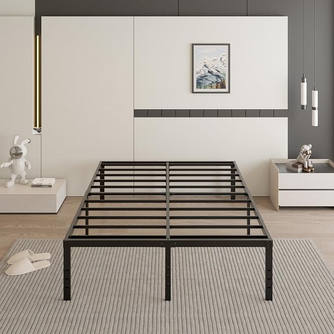Cieemine 18 Inch California King Bed Frame with Black Bed Cover, Metal Cal King Bed Frame No Box Spring Needed, Heavy Duty Mattress Foundation, Easy Assembly, Noise Free