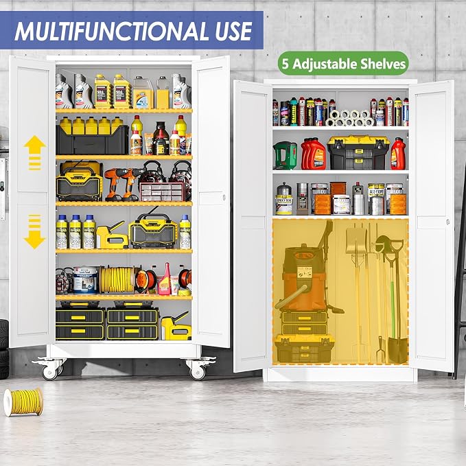 73.6" Metal Garage Storage Cabinet with Wheels and Locking Doors | Tall Rolling Steel Tool Cabinet with 5 Adjustable Shelves for Garage,Home Office(White, 73.6''H x 35.4''W x17.7''D)