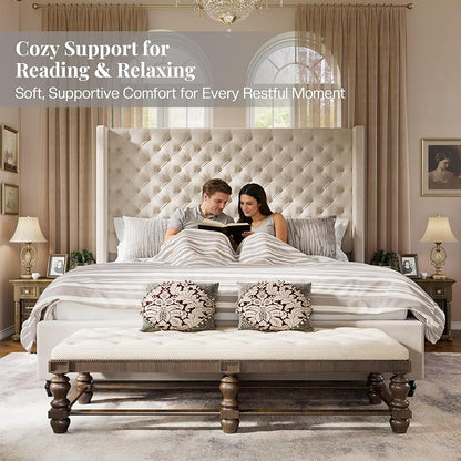 Jocisland Queen Size Bed Frame with 63" Tall Headboard, Upholstered Wingback Platform Design, Handcrafted Pleats & Deep Button Tufted, Solid Wood Legs, No Box Spring Needed, Cream