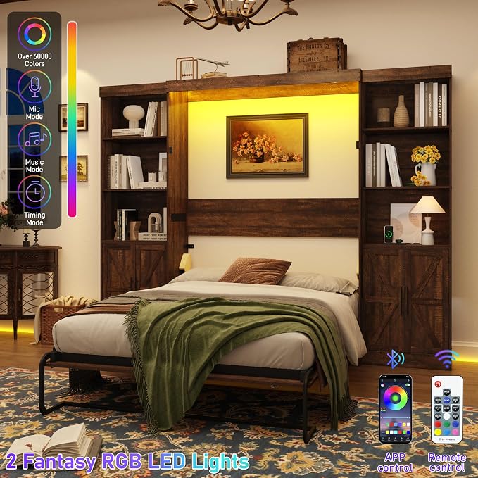 Hlivelood Full Size Murphy Bed w/2 Storage Cabinet&2 LED Light, Farmhouse Wood Hidden Foldable Wall Bed Frame, Storage Bed Cabinet for Bedroom, Office, Space-Saving, No Box Spring Needed, Brown