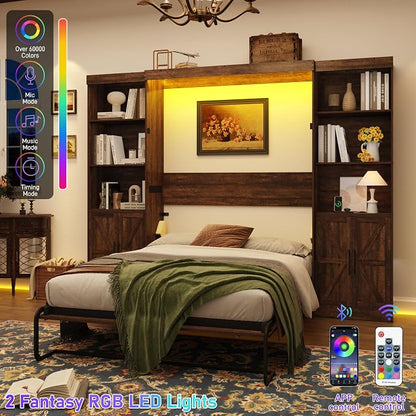 Hlivelood Full Size Murphy Bed w/2 Storage Cabinet&2 LED Light, Farmhouse Wood Hidden Foldable Wall Bed Frame, Storage Bed Cabinet for Bedroom, Office, Space-Saving, No Box Spring Needed, Brown