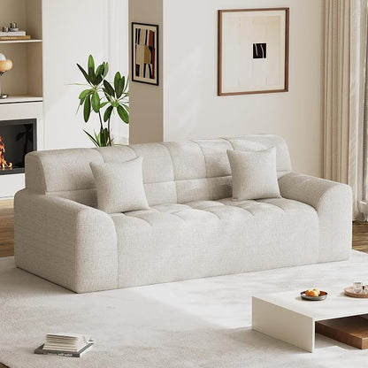 91.5" Modern Boneless Couch for Living Room, Comfy Cloud Sectional Sofa with Deep Seat, Chenille Love Seat Oversized Upholstered 3-Seater Sofa, No Assembly Required Tufted Sofas, Beige White