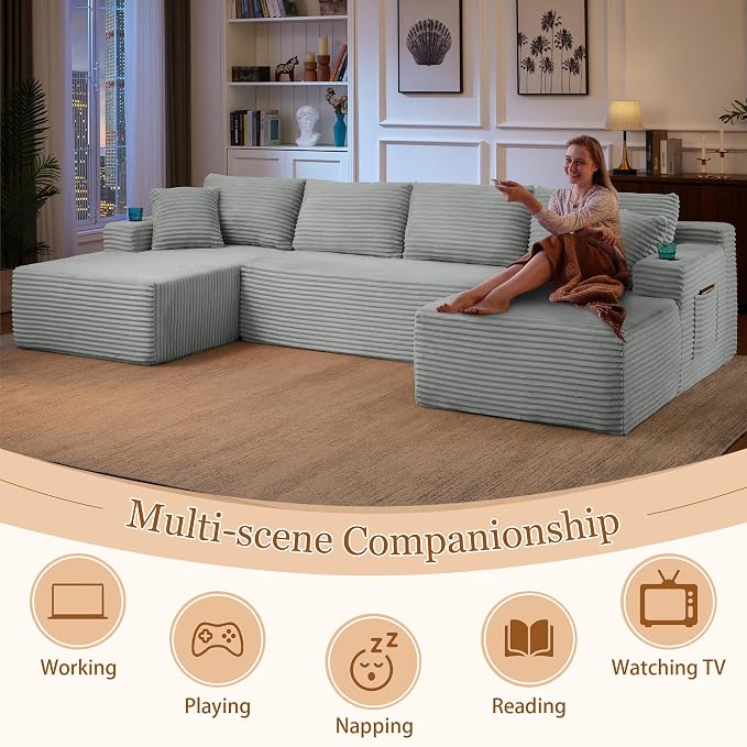 134 Inch Modular Sectional Sleeper Sofa, Boneless Cloud Couch for Living Room, U Shaped 5 Seat Sofa with 2 Storage Pockets& 2 Cup Holders, Free Combination, No Assembly Required (Light Grey)