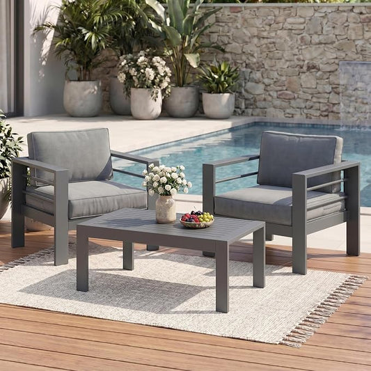 Solaste Aluminum Patio Sofa with Coffee Table,3 PCS Patio Furniture Set with Cushions, All-Weather Outdoor Sofa for Balcony, Deck, Backyard, Porch, Garden, Dark Grey