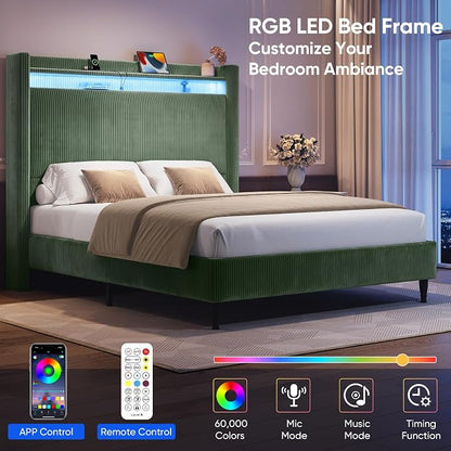 Queen Size Bed Frame with Tall Headboard, 55.3" Upholstered Platform Queen Bedframe with Wingback Storage Headboard, Charging Station & LED Lights, No Box Spring Needed, Wooden Slats, Corduroy, Green