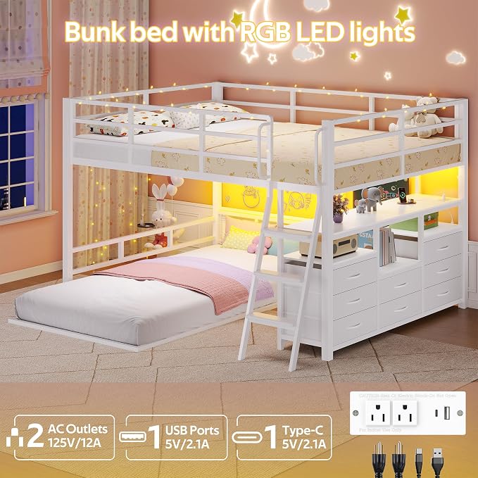 busyaeh Low Bunk Bed,Bunk Bed Full Over Twin with 8 Drawers & 4 Shelves | bunk Bed with Desk & 15" H Safety Guardrail & LED Lights and Charging Station,L-Shaped Bunk Beds with Stairs,White bunk bed