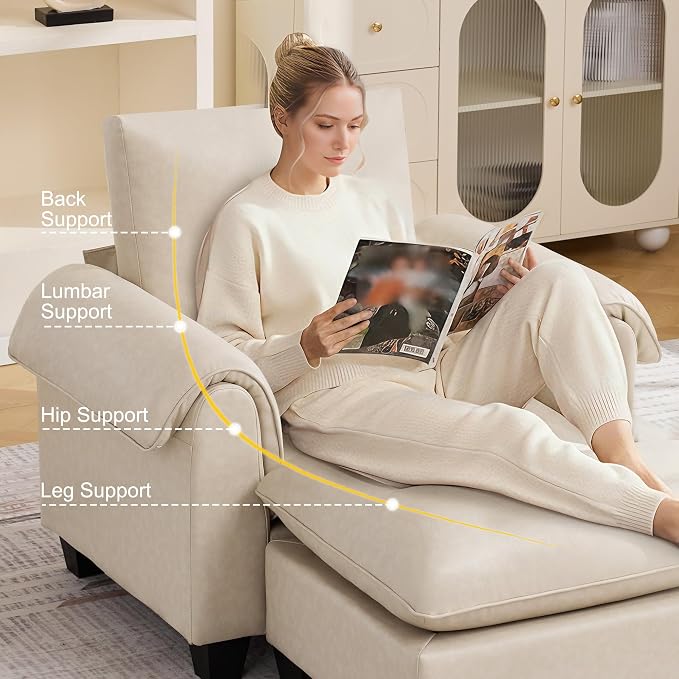 44.5" Faux Leather Single Sofa with Movable Ottoman, Oversized Accent Chair with Curved Armrests, Cloud Modern Sofa Upholstered Reading Lounge Armchair for Living Room, Bedroom，Beige