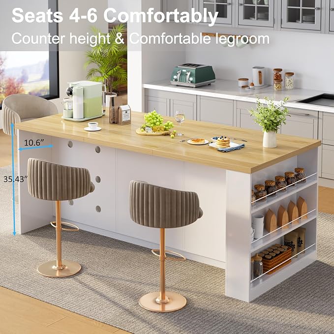 IBF 71" Large Kitchen Island with Storage, Modern Wood Island Table with Seating for 4-6, Stationary Island Cabinet with Drawers & Fridge Space, Counter Height Island Bar for Kitchen, Light Oak