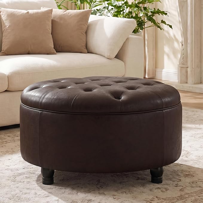 30-Inch Round Storage Ottoman, Button Tufted Ottoman Coffee Table with Removable Top for Living Room, Bedroom, Office (Dark Brown)