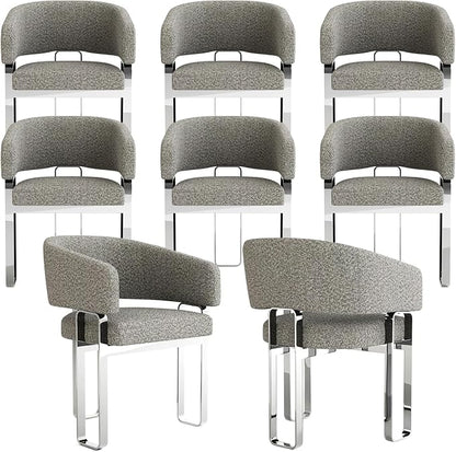 Boucle Barrel Dining Chair, Grey Upholstered Dining Room Chairs, Sherpa Dining Chairs with Arm, Curved Backrest and Polished Chrome Metal U-Shaped Legs, Set of 8