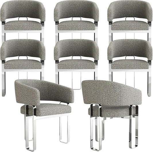 Boucle Barrel Dining Chair, Grey Upholstered Dining Room Chairs, Sherpa Dining Chairs with Arm, Curved Backrest and Polished Chrome Metal U-Shaped Legs, Set of 8