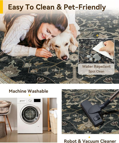 RELEANY Area Rugs Round 4ft Washable Non-Slip, Floral Vintage Distress Medallion Carpet for Living Room Bedroom Dining Room, Vintage Black Brown Neutral