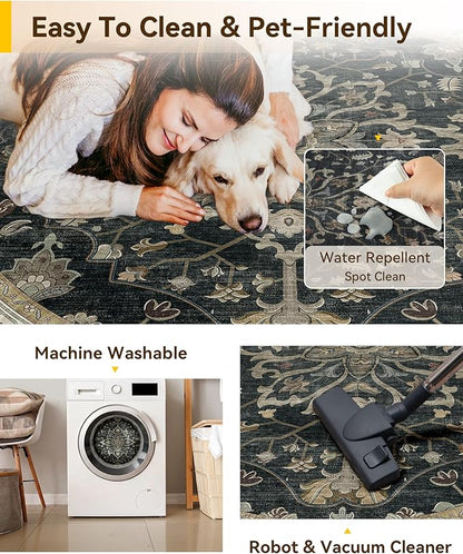 RELEANY Area Rugs Round 5ft Washable Non-Slip, Floral Vintage Distress Medallion Carpet for Living Room Bedroom Dining Room, Vintage Black Brown Neutral