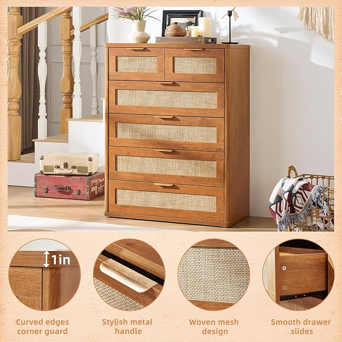 LEYAOYAO Rattan Dresser for Bedroom Set of 2, 41" Tall Chest of Drawers, Modern 6 Drawers Boho Dressers with Storage, Vintage Brown Dresser Wooden Closet Organizer for Living Room, Hallway
