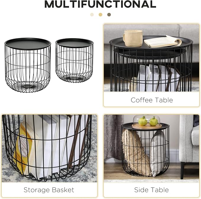 HOMCOM Nesting Coffee Tables, Round Coffee Table Set of 2 with Steel Wired Basket Body and Removable Top, Stacking End Tables Blanket Storage for Living Room, Black