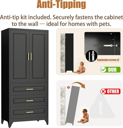 Metal Armoire Wardrobe Closet, 3 Drawers Clothes Storage Cabinet | Metal Wardrobe Cabinet with Doors, Hanging Rod, 71"Tall Black Armoires, Closet for Bedroom, Bathroom, Gym