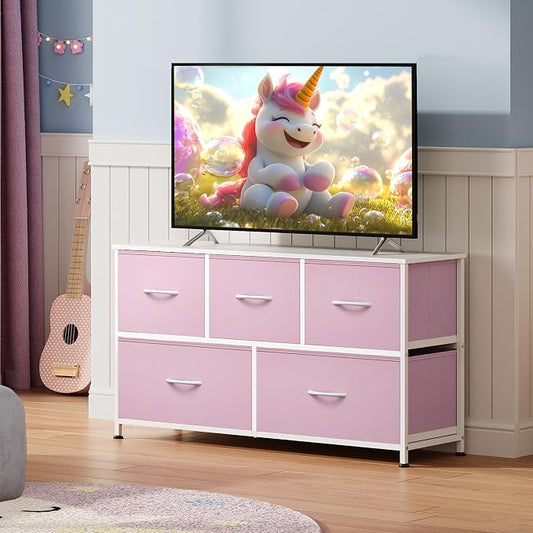 WLIVE Dresser for Bedroom with 5 Drawers, Wide Chest of Drawers, Fabric Dresser, Storage Organizer Unit with Fabric Bins for Closet, Living Room, Hallway,A-Pink