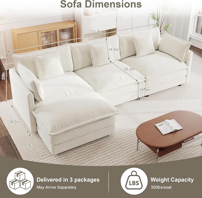 111.5" Modular Sectional Sofa, Large L Shaped Sectionals Cloud Couch, Big Comfy 3-Seat Couch with Ottoman, 4 Seater Chenille Sectional Sofa with Deep Seat and 5 Pillows for Living Room- Beige