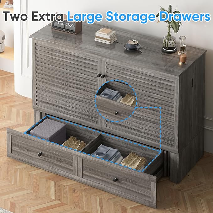PUREMIND Queen Murphy Bed, Murphy Cabinet Bed with Storage Drawer, USB Charging Station and Bedside Panel, Space Saving Murphys Chest Beds Wallbed for Guest Room, No Mattress