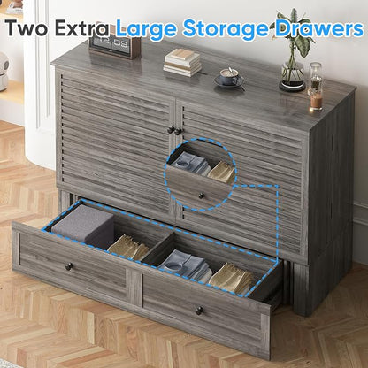 PUREMIND Queen Murphy Bed with Mattress Included, Murphy Bed Cabinet with Storage Drawer, Charging Station, Headboard, Space Saving Wall Beds for Guest Room