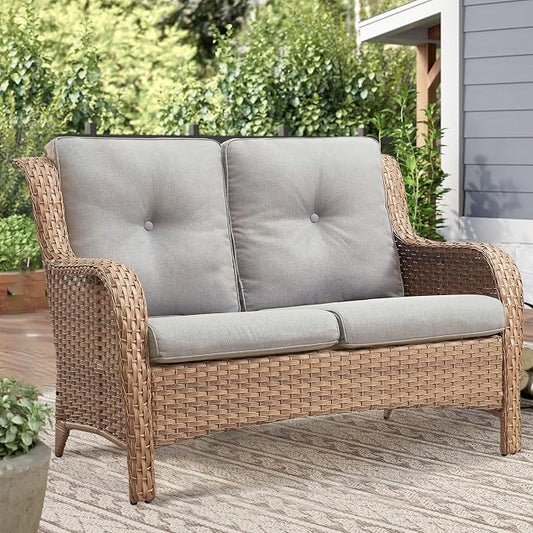 Outdoor Loveseat Sofa-2 Seater Rattan Wicker Patio Couch High Back Patio Sofa for Porch Deck Backyard-Yellow/Beige