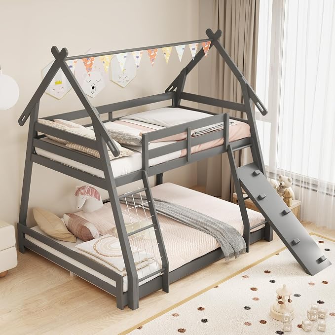 KOTEK Twin Over Queen Bunk Bed, House Bunk Beds with Climbing Nets and Ramp, No Box Spring Needed, Solid Wood Low Bunk Bed Frame for Kids Boys Girls (Grey)