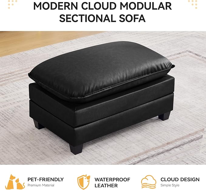 WUTUTUEE 35'' Modern Leather Cloud Sofa Ottoman,Rectangle Ottoman for Modular Sectional Sofa, Leather Black