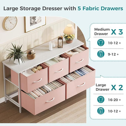 OLIXIS Pink Dresser for Girls Bedroom, Wide Dresser for Closet, 5 Drawers | Closet Organizers and Storage with Bins, Fabric Chest of Drawers for Clothes Storage, Wooden Top, Living Room